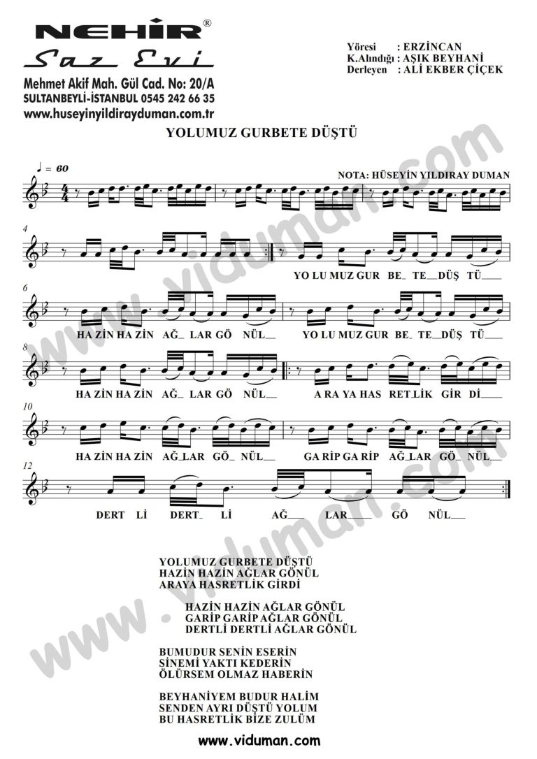 Yolumuz Gurbete Dustu-Baglama-Saz-Turku-Notalari