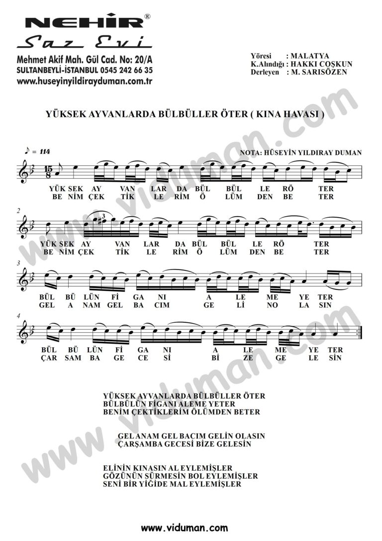 Yuksek Ayvanlarda Bulbuller Oter Kina Havasi-Baglama-Saz-Turku-Notalari