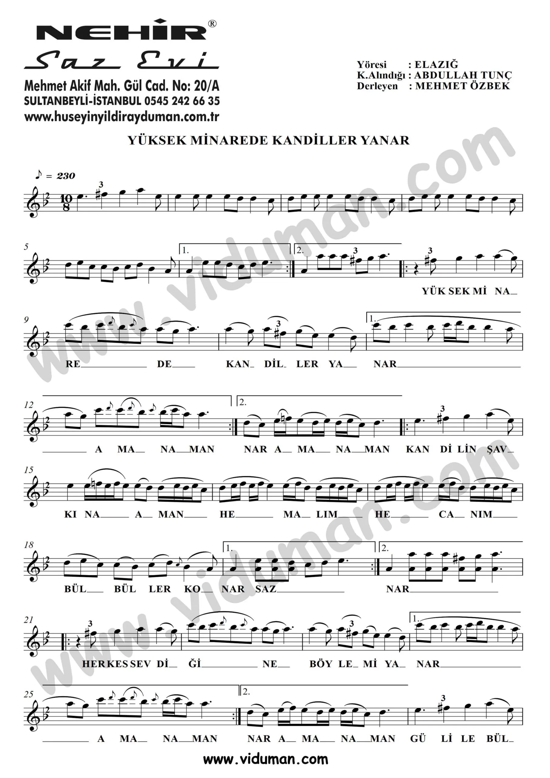 Yuksek Minarede Kandiller Yanar_1-Baglama-Saz-Turku-Notalari