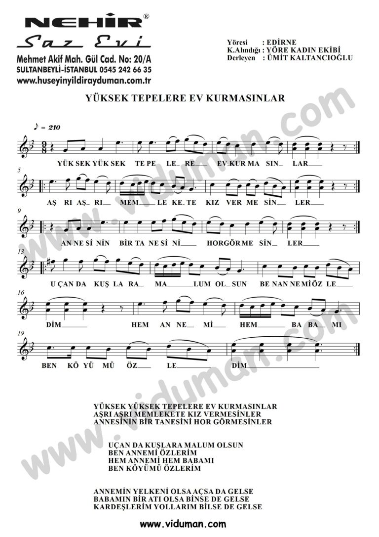 Yuksek Tepelere Ev Kurmasinlar-Baglama-Saz-Turku-Notalari