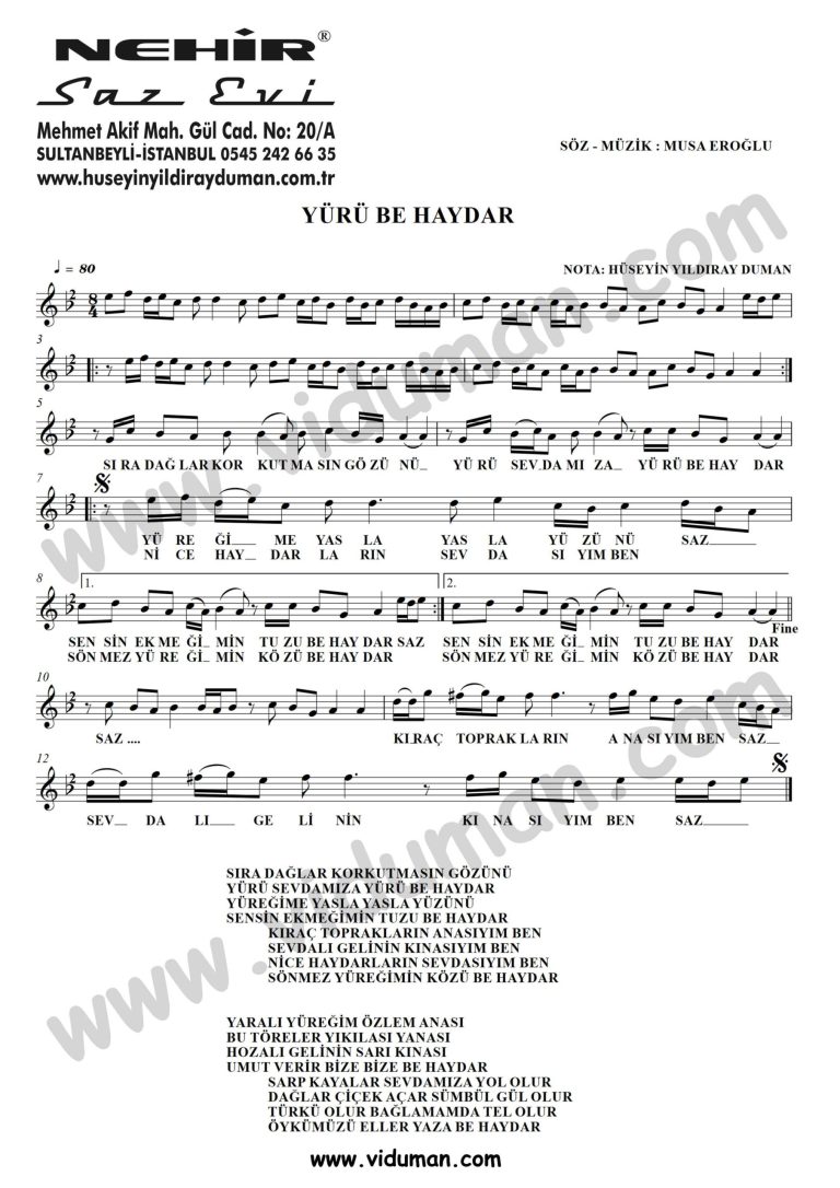 Yuru Be Haydar-Baglama-Saz-Turku-Notalari