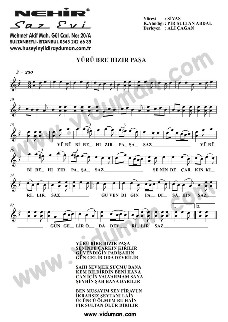 Yuru Bre Hizir Pasa-Baglama-Saz-Turku-Notalari