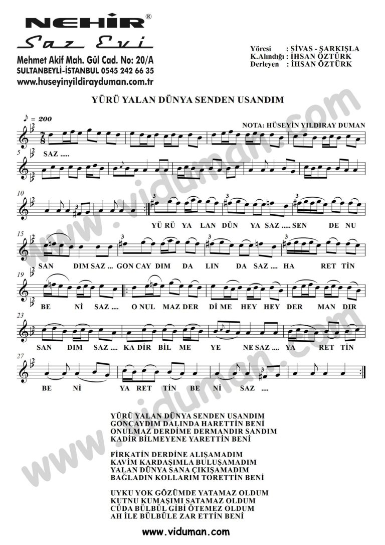 Yuru Yalan Dunya Senden Usandim-Baglama-Saz-Turku-Notalari
