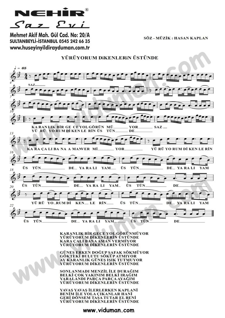 Yuruyorum Dikenlerin Ustunde-Baglama-Saz-Turku-Notalari