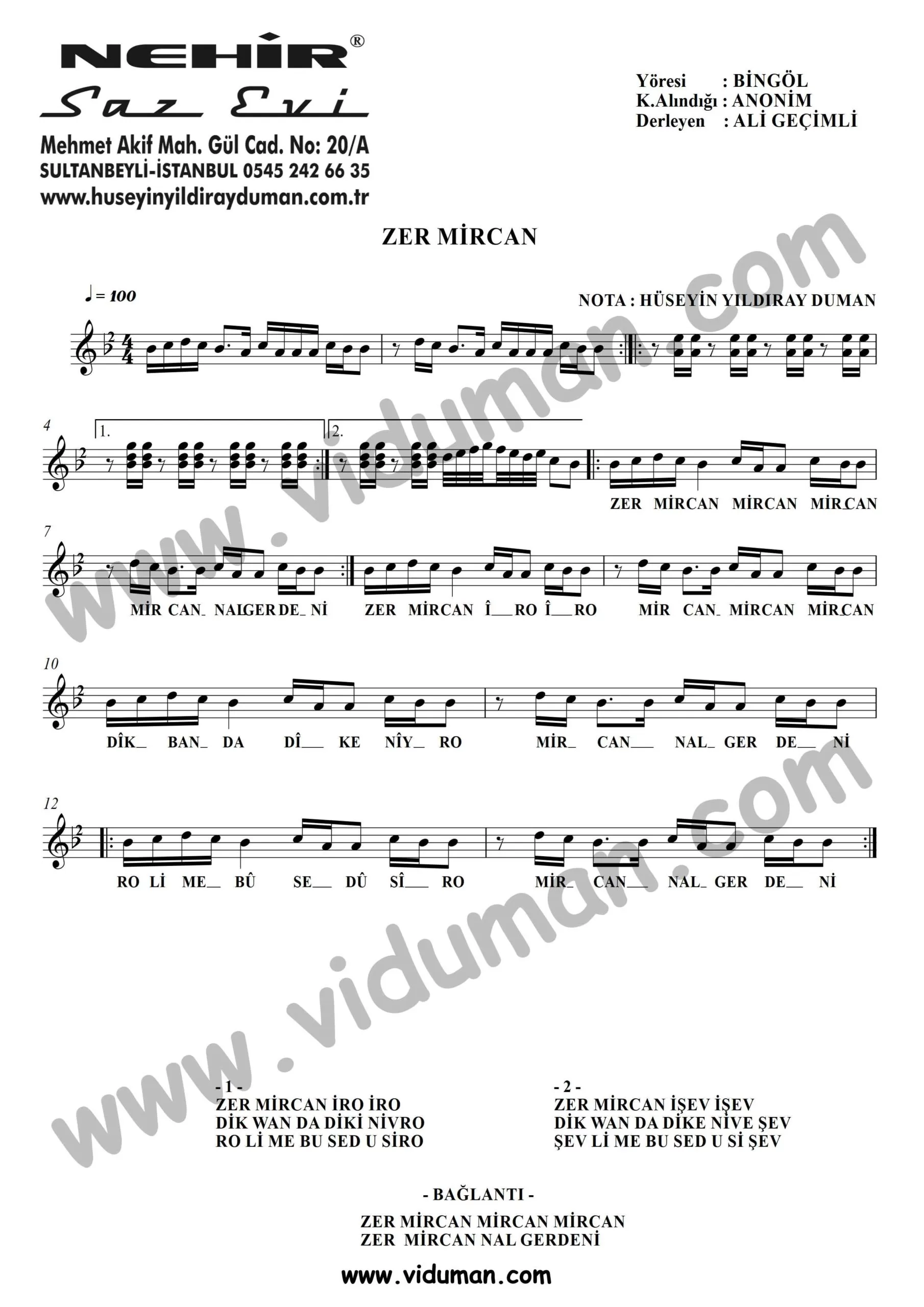 Zer Mircan-Baglama-Saz-Turku-Notalari-Kurtce