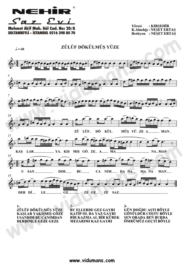 Zuluf Dokulmus Yuze-Baglama-Saz-Turku-Notalari
