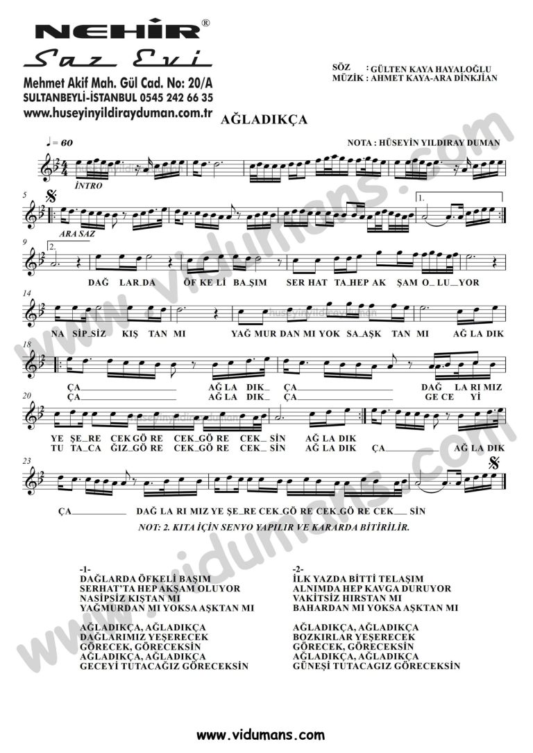 Agladikca-Ahmet Kaya-Baglama-Saz-Turku-Notalari