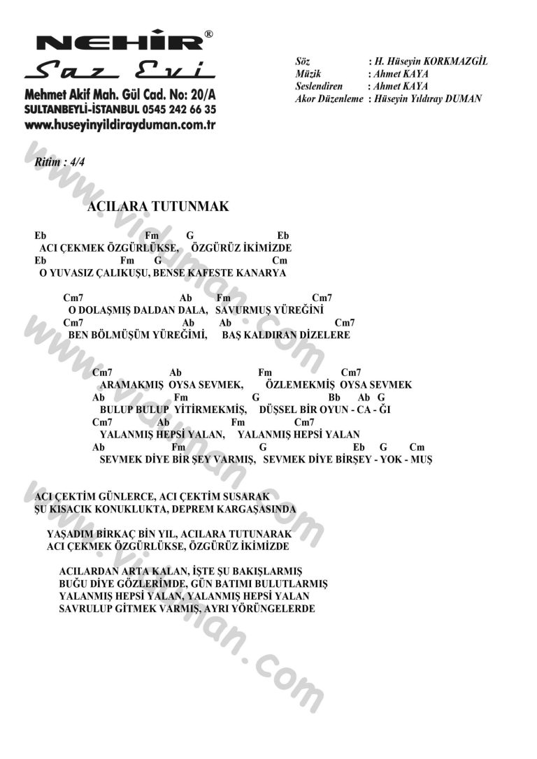 Acilara Tutunmak-Ahmet Kaya-Ritim Gitar Akorlari