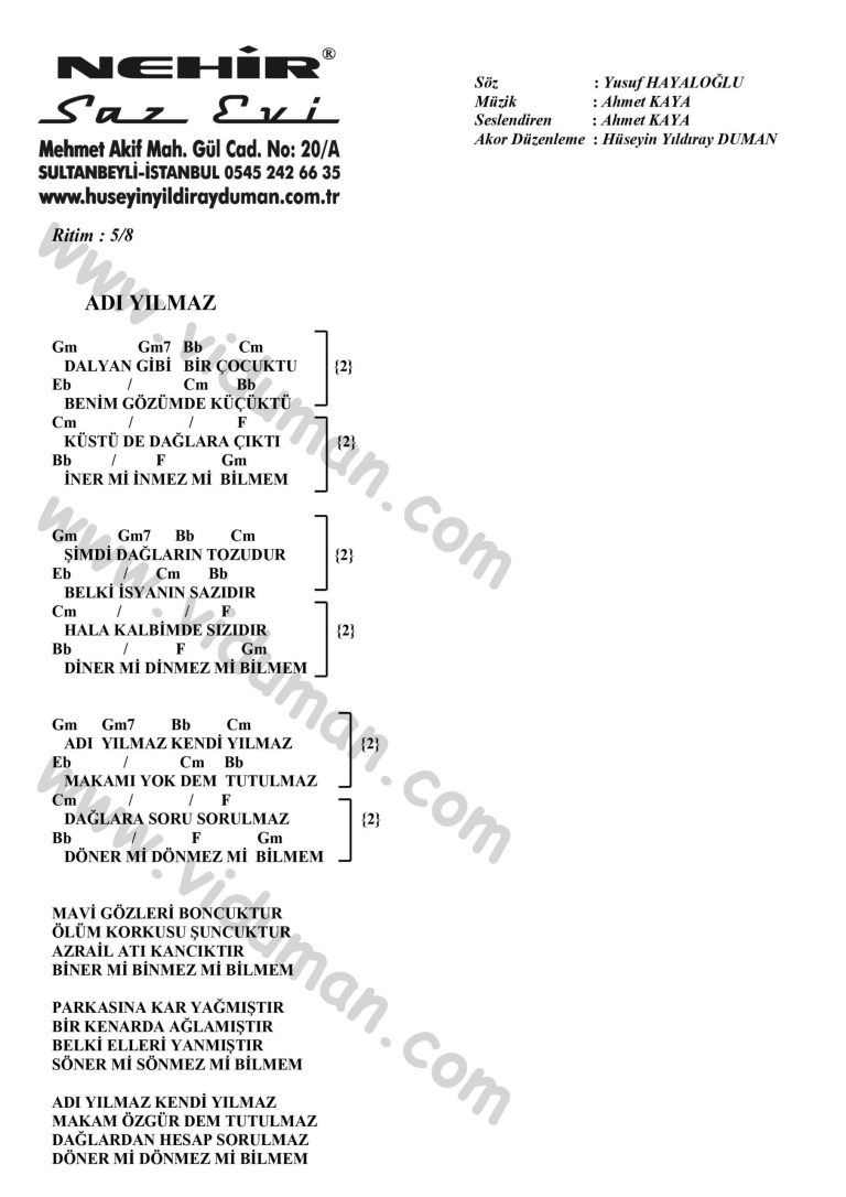 Adi Yilmaz-Ahmet Kaya-Ritim Gitar Akorlari