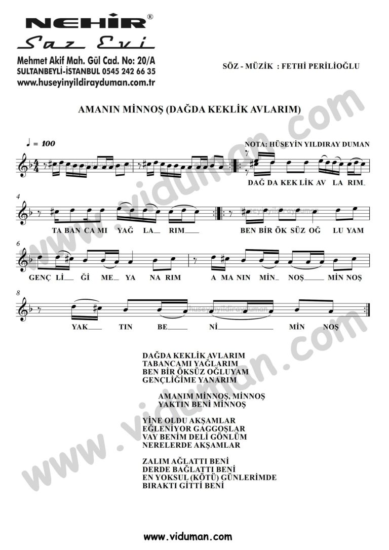 Amanin Minnos (Dagda Keklik Avlarim)-Ahmet Kaya-Baglama-Saz-Turku-Notalari