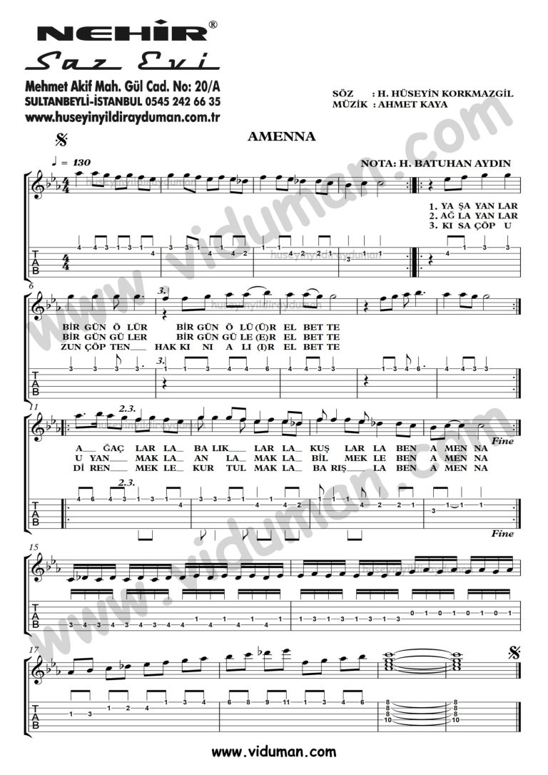 Amenna-Ahmet Kaya-Gitar Tab-Solo Notalari