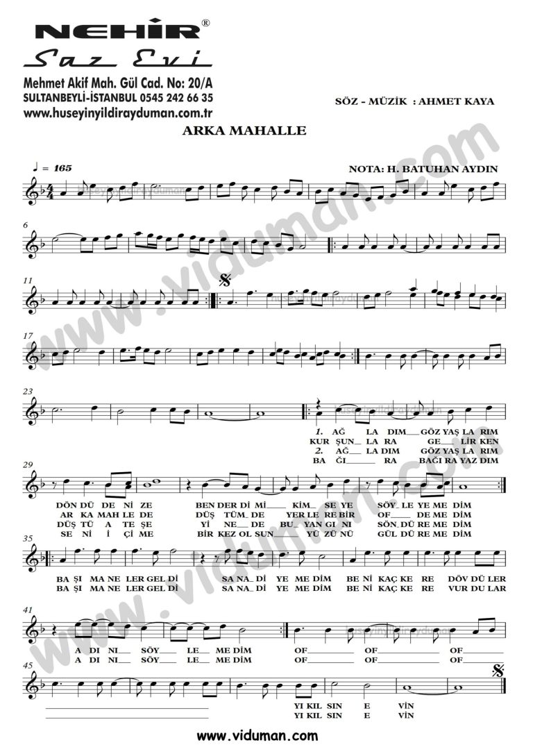 Arka Mahalle-Ahmet Kaya-Baglama-Saz-Turku-Notalari