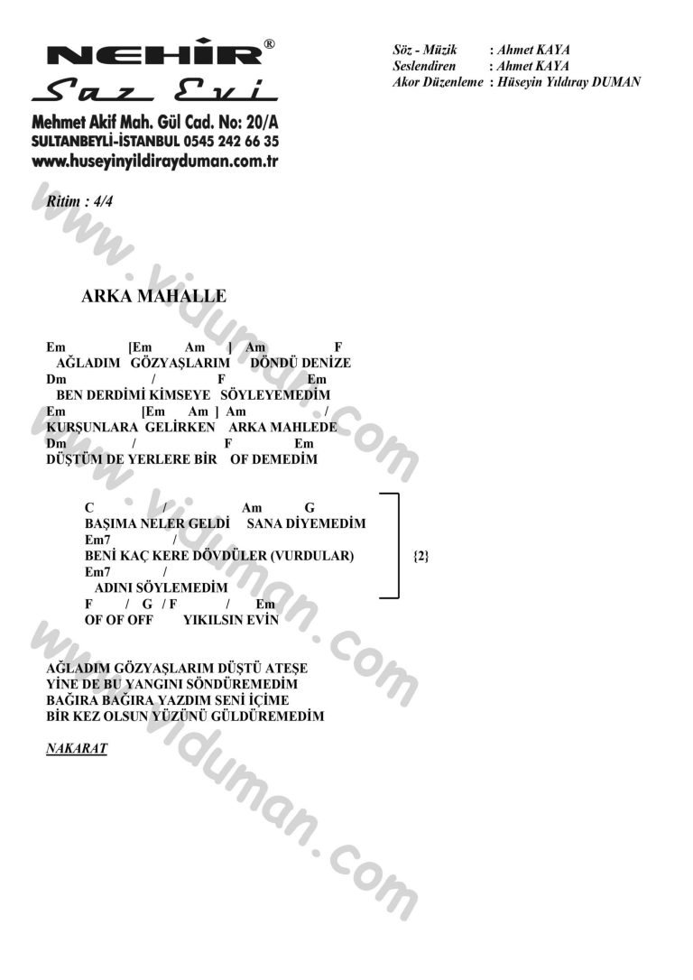 Arka Mahalle-Ahmet Kaya-Ritim Gitar Akorlari