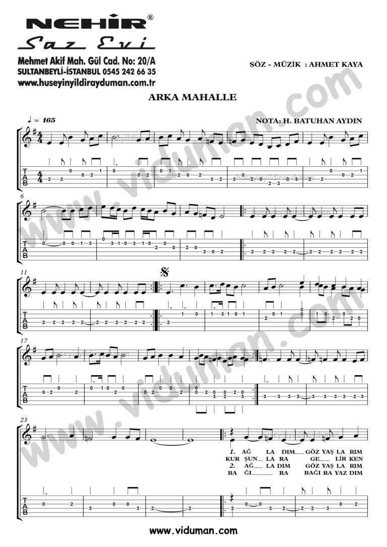 Arka Mahalle_1-Ahmet Kaya-Gitar Tab-Solo Notalari