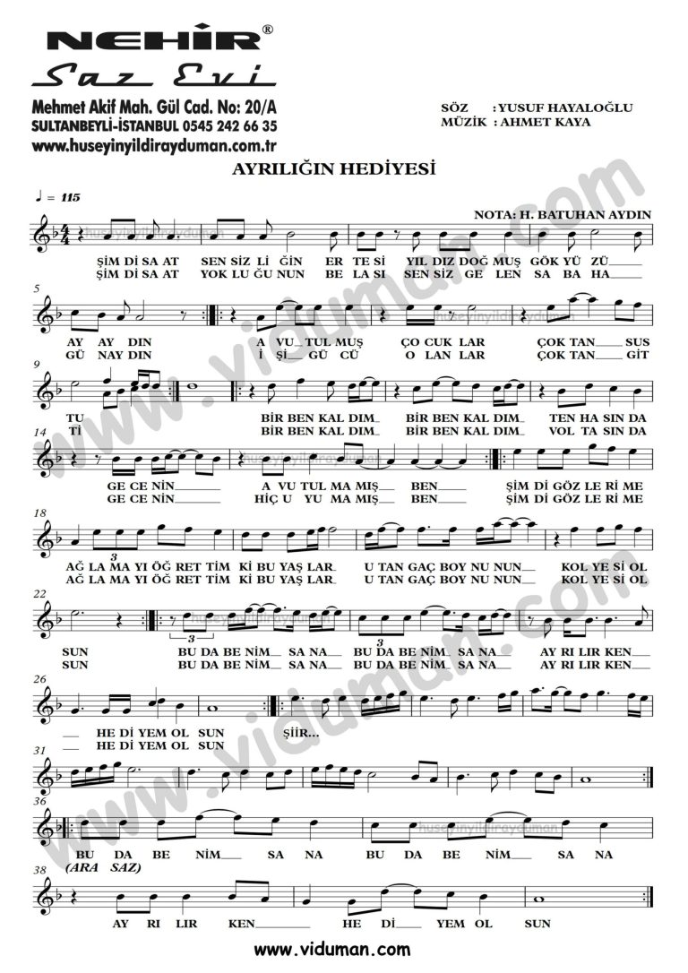 Ayriligin Hediyesi-Ahmet Kaya-Baglama-Saz-Turku-Notalari