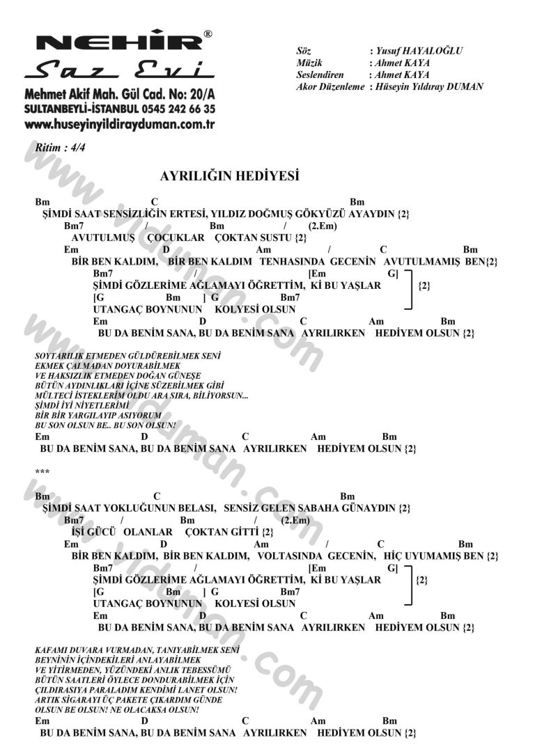 Ayriligin Hediyesi-Ahmet Kaya-Ritim Gitar Akorlari