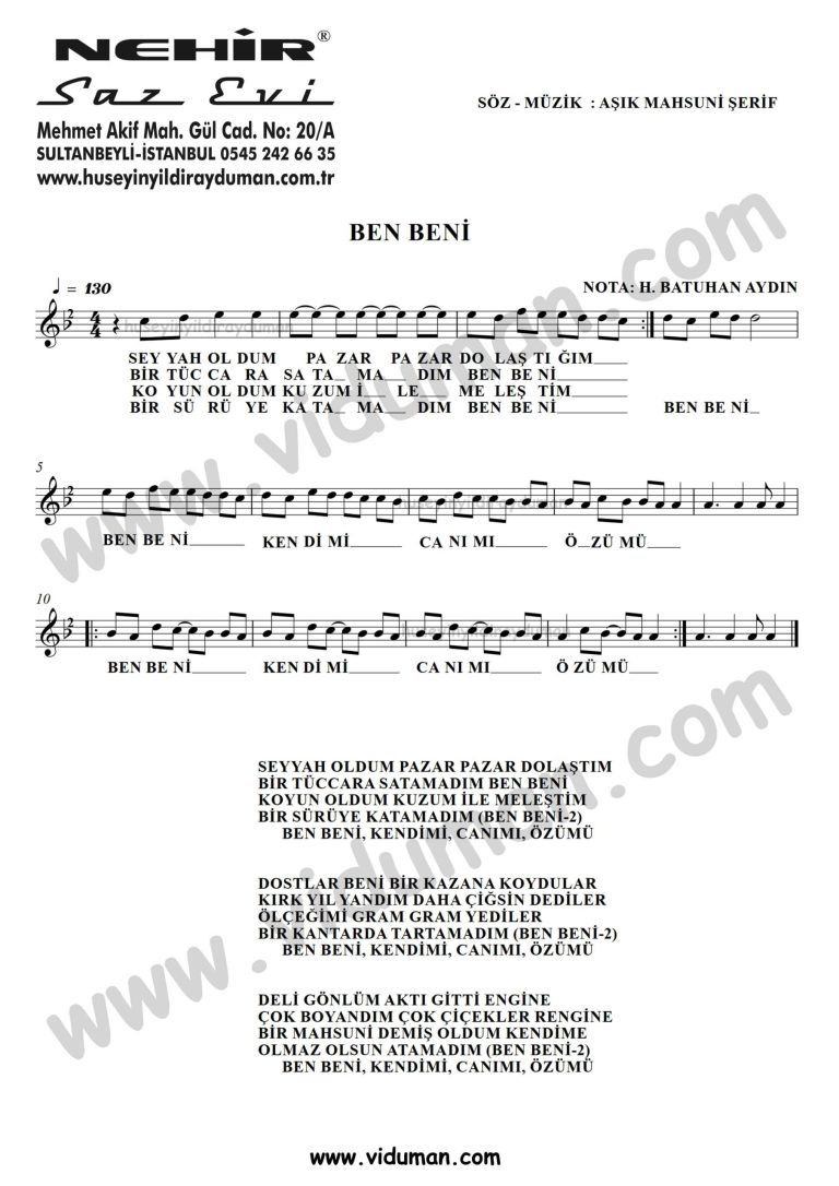 Ben Beni-Ahmet Kaya-Baglama-Saz-Turku-Notalari