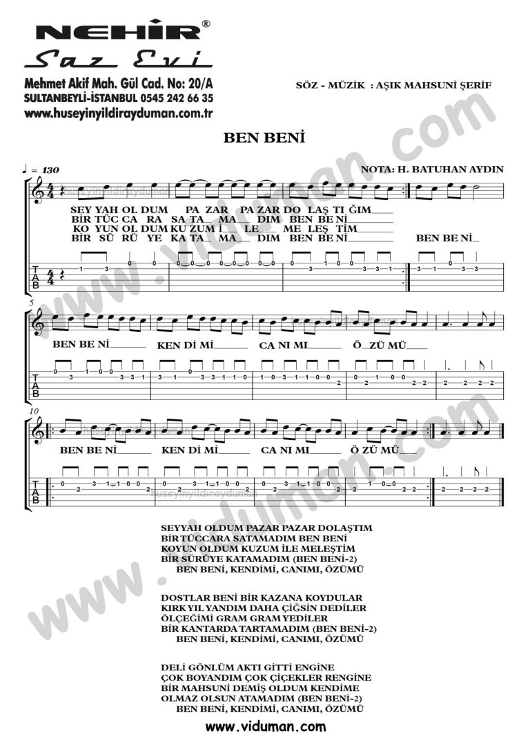 Ben Beni-Ahmet Kaya-Gitar Tab-Solo Notalari