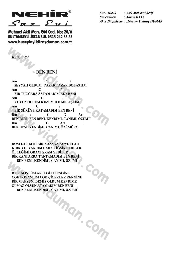 Ben Beni-Ahmet Kaya-Ritim Gitar Akorlari