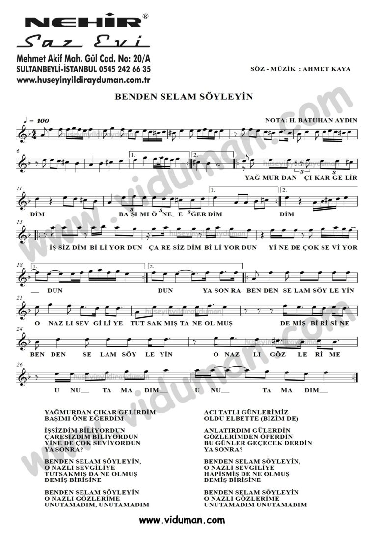 Benden Selam Soyleyin-Ahmet Kaya-Baglama-Saz-Turku-Notalari