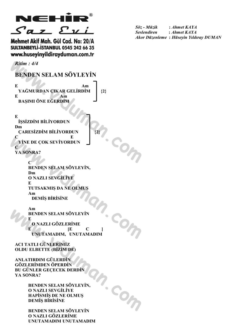 Benden Selam Soyleyin-Ahmet Kaya-Ritim-Gitar-Akorlari