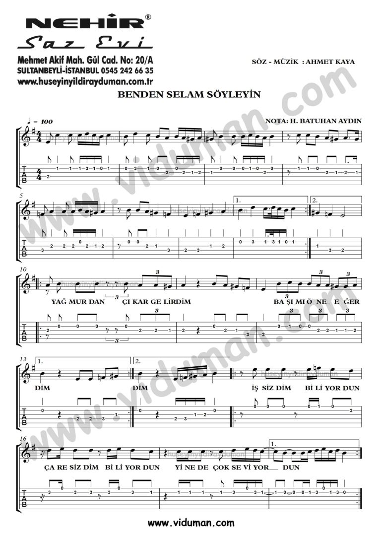 Benden Selam Soyleyin_1-Ahmet Kaya-Gitar Tab-Solo Notalari