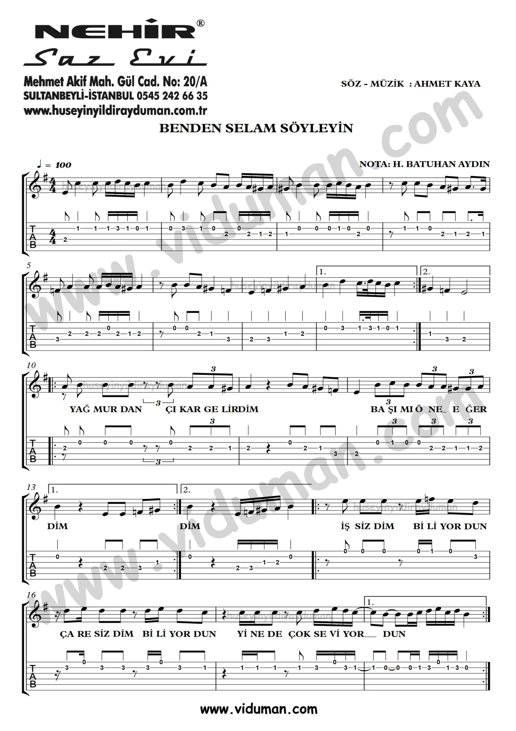 Benden Selam Soyleyin_1-Ahmet Kaya-Gitar Tab-Solo Notalari