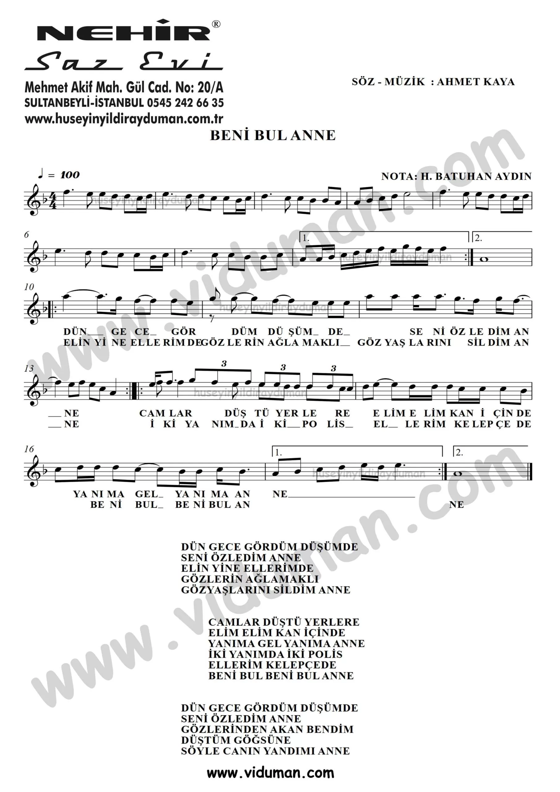 Beni Bul Anne-Ahmet Kaya-Baglama-Saz-Turku-Notalari