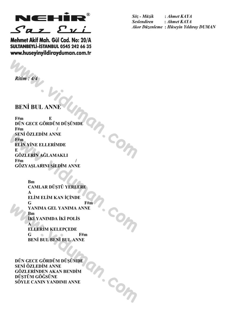 Beni Bul Anne-Ahmet Kaya-Ritim-Gitar-Akorlari