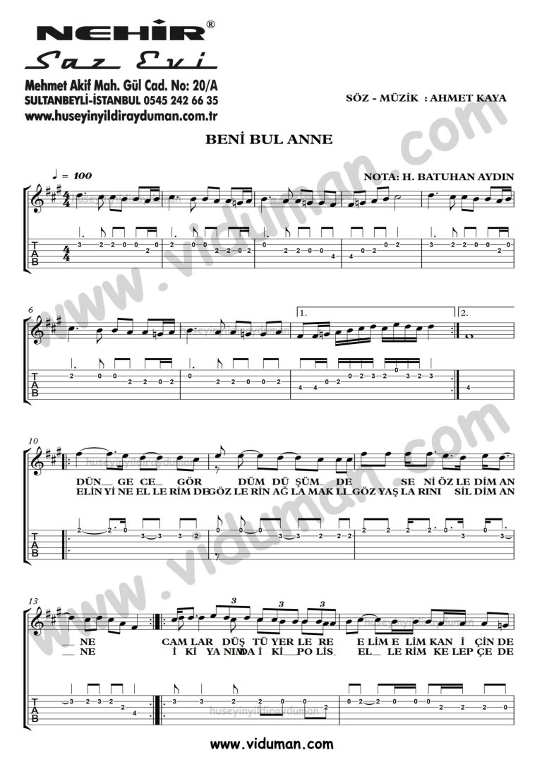 Beni Bul Anne_1-Ahmet Kaya-Gitar Tab-Solo Notalari