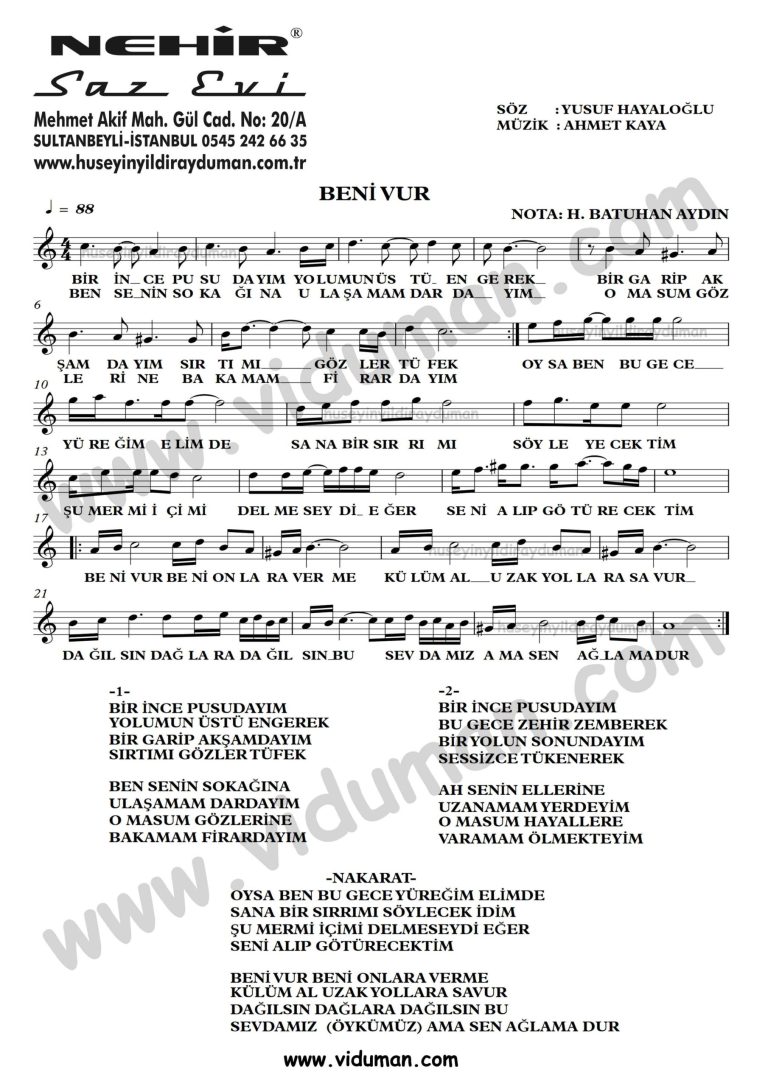 Beni Vur-Ahmet Kaya-Baglama-Saz-Turku-Notalari