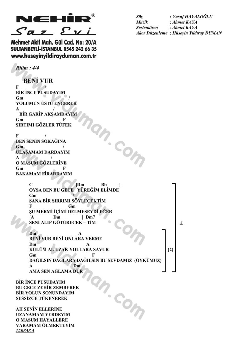 Beni Vur-Ahmet Kaya-Ritim-Gitar-Akorlari