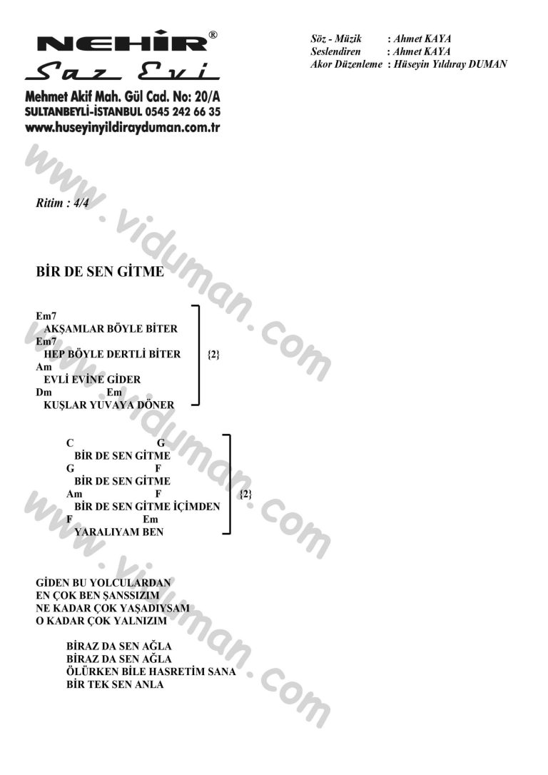 Bir De Sen Gitme-Ahmet Kaya-Ritim-Gitar-Akorlari