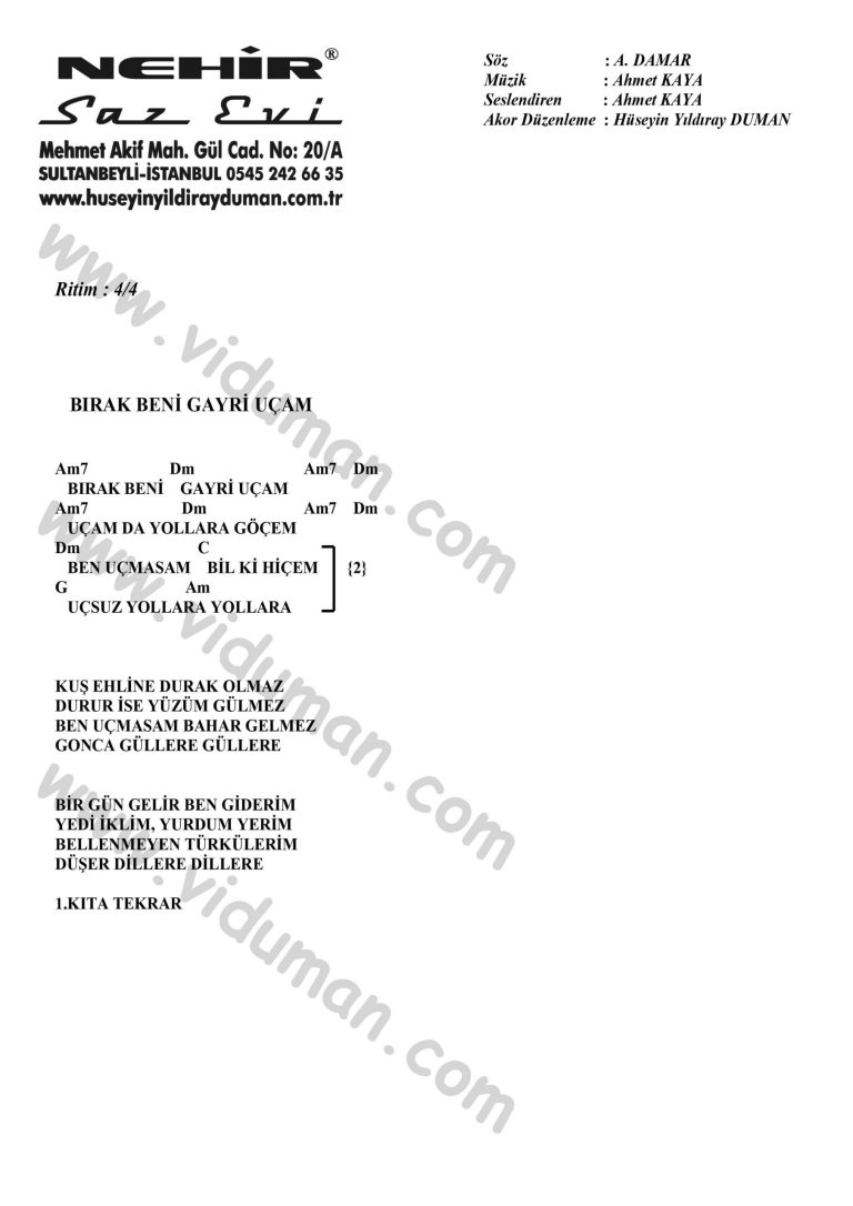 Birak Beni Gayri Ucam-Ahmet Kaya-Ritim-Gitar-Akorlari