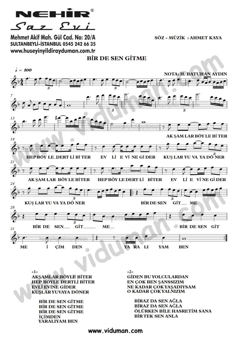 Birde Sen Gitme-Ahmet Kaya-Baglama-Saz-Turku-Notalari
