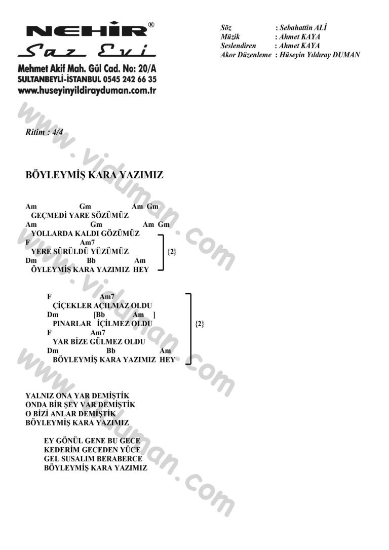 Boyleymis Kara Yazimiz-Ahmet Kaya-Ritim-Gitar-Akorlari
