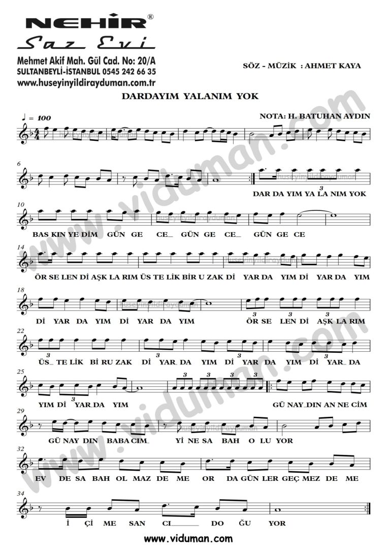 Dardayim Yalanim Yok-Ahmet Kaya-Baglama-Saz-Turku-Notalari
