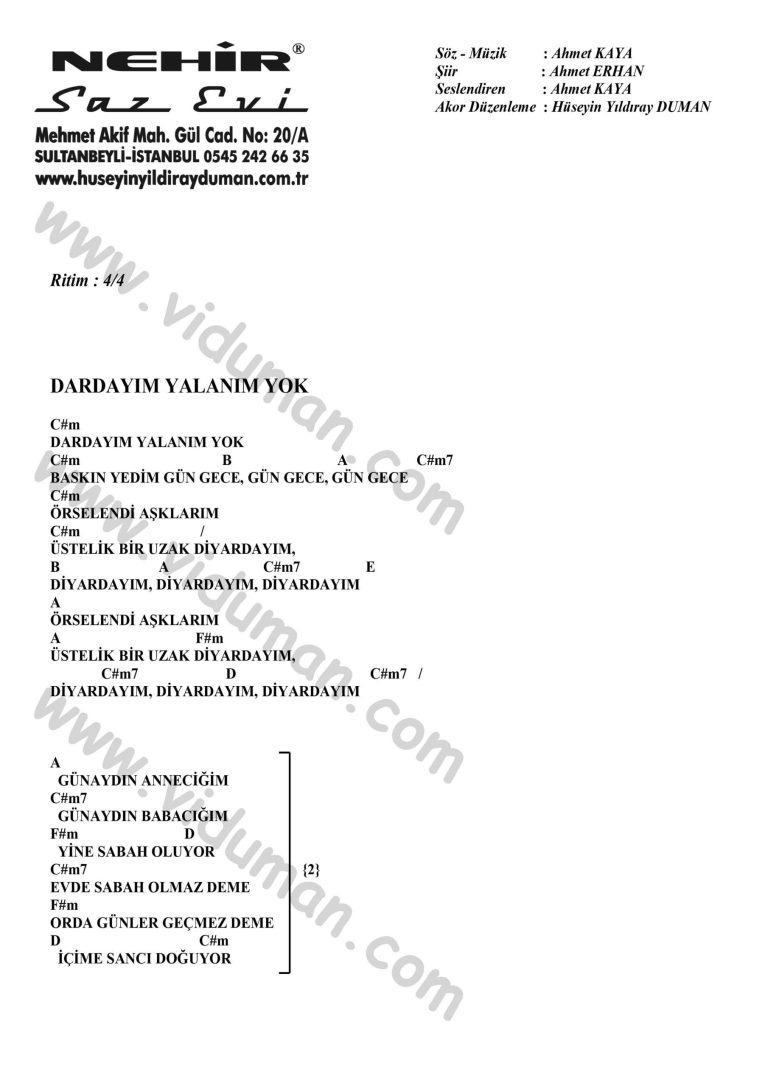 Dardayim Yalanim Yok-Ahmet Kaya-Ritim-Gitar-Akorlari