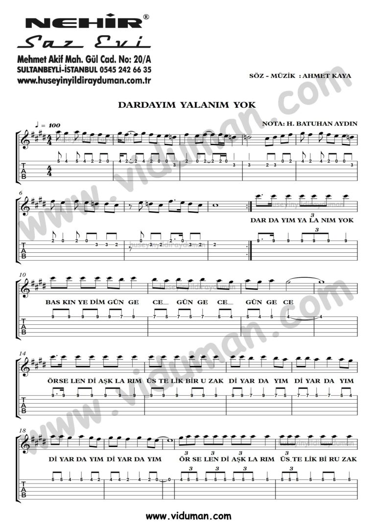 Dardayim Yalanim Yok_1-Ahmet Kaya-Gitar Tab-Solo Notalari