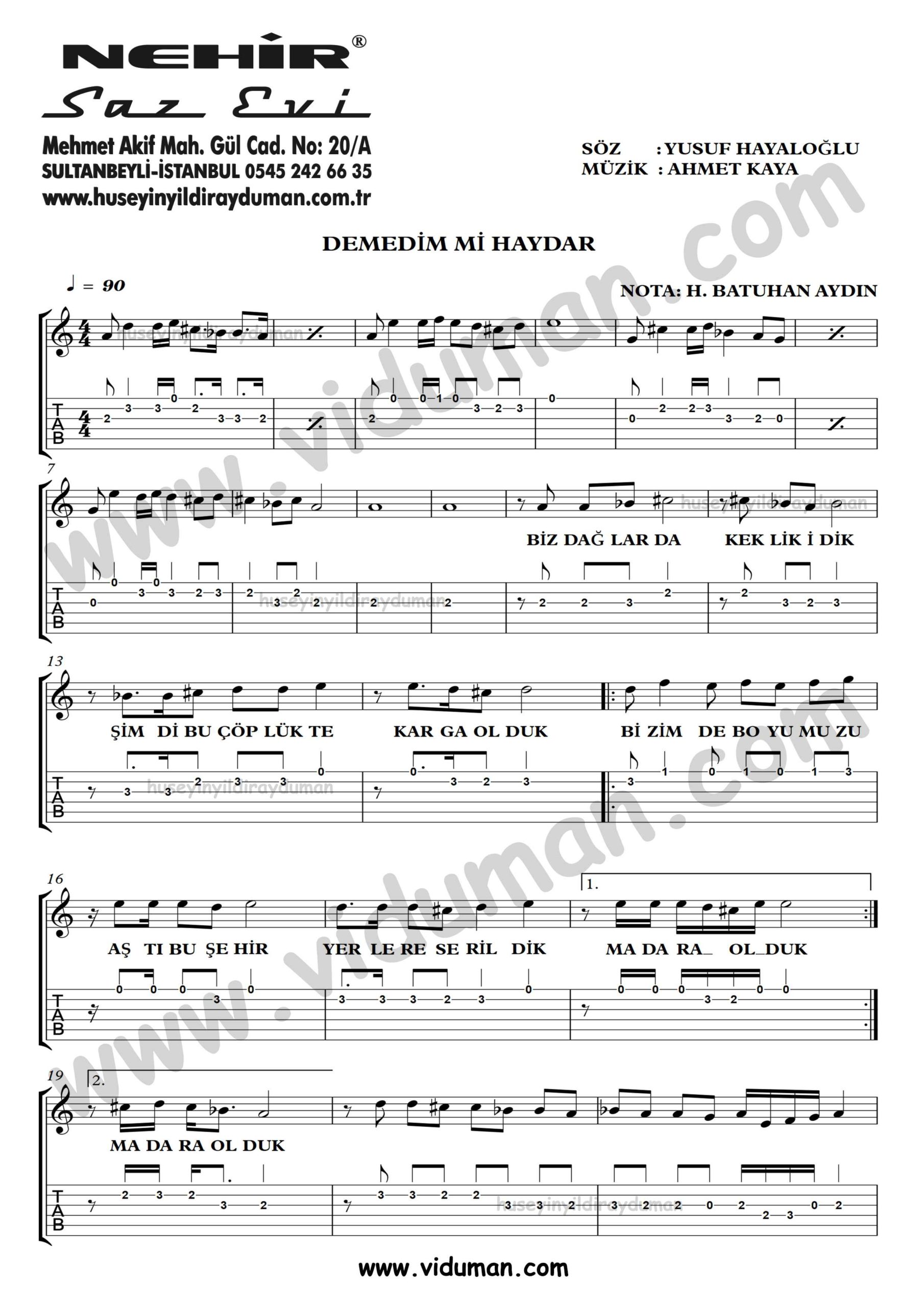 Demedim mi Haydar_1-Ahmet Kaya-Gitar Tab-Solo Notalari