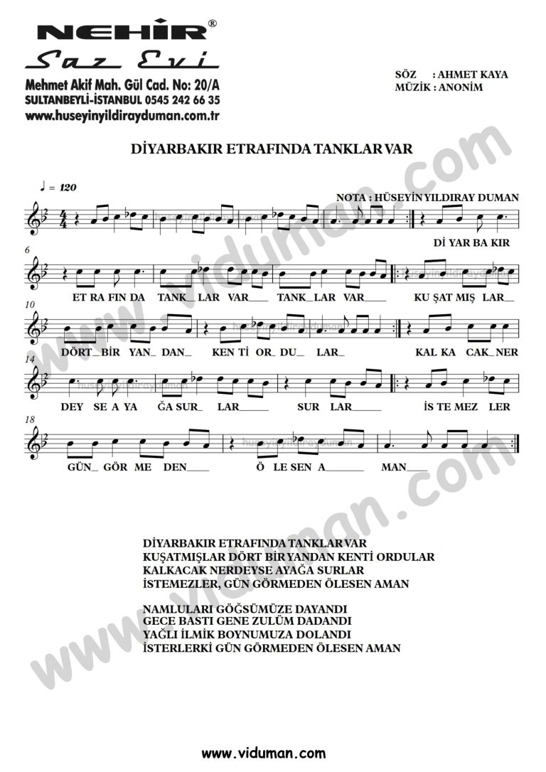 Diyarbakir Etrafinda Tanklar Var-Ahmet Kaya-Baglama-Saz-Turku-Notalari