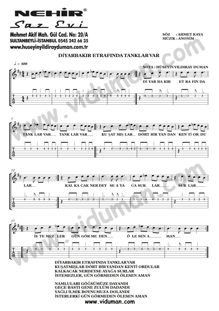 Diyarbakir Etrafinda Tanklar Var-Ahmet Kaya-Gitar Tab-Solo Notalari