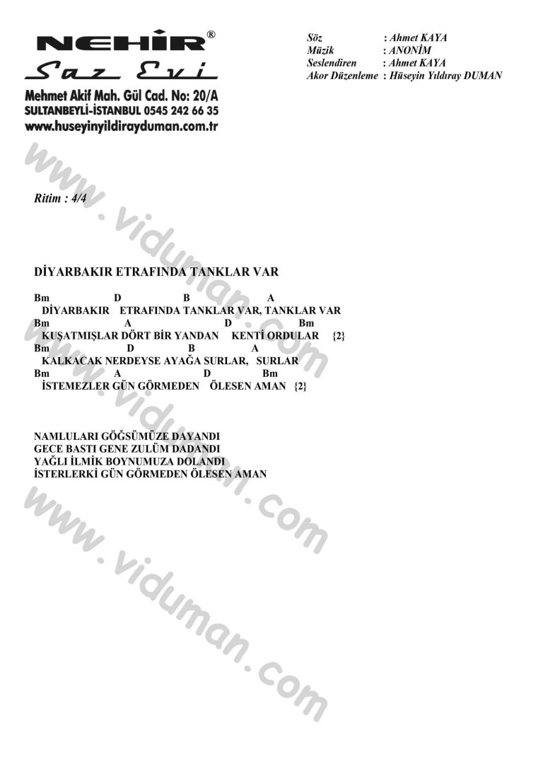 Diyarbakir Etrafinda Tanklar Var-Ahmet Kaya-Ritim-Gitar-Akorlari