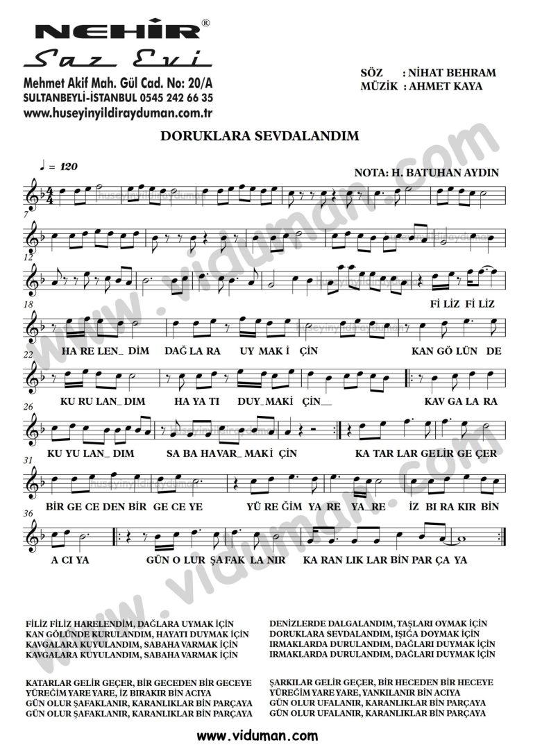 Doruklara Sevdalandim-Ahmet Kaya-Baglama-Saz-Turku-Notalari