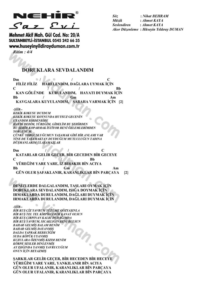 Doruklara Sevdalandim-Ahmet Kaya-Ritim-Gitar-Akorlari