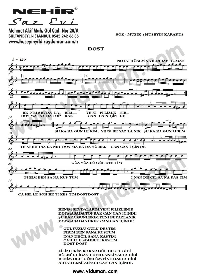 Dost-Ahmet Kaya-Baglama-Saz-Turku-Notalari