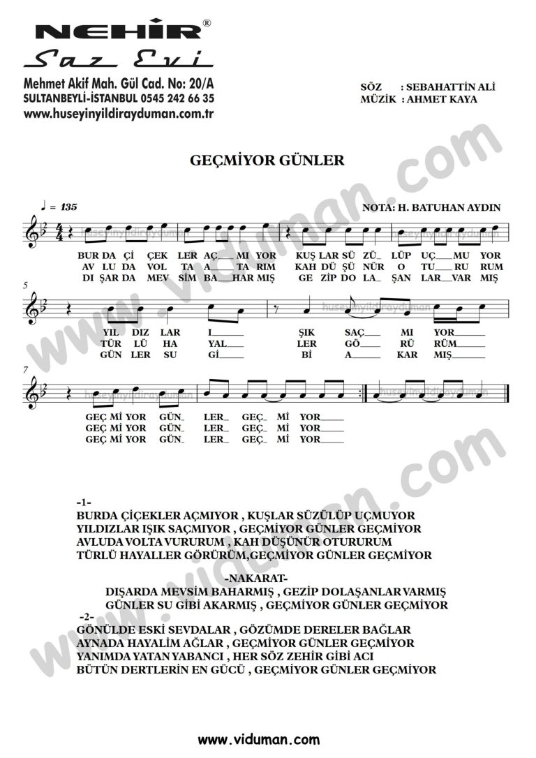 Gecmiyor Gunler-Ahmet Kaya-Baglama-Saz-Turku-Notalari