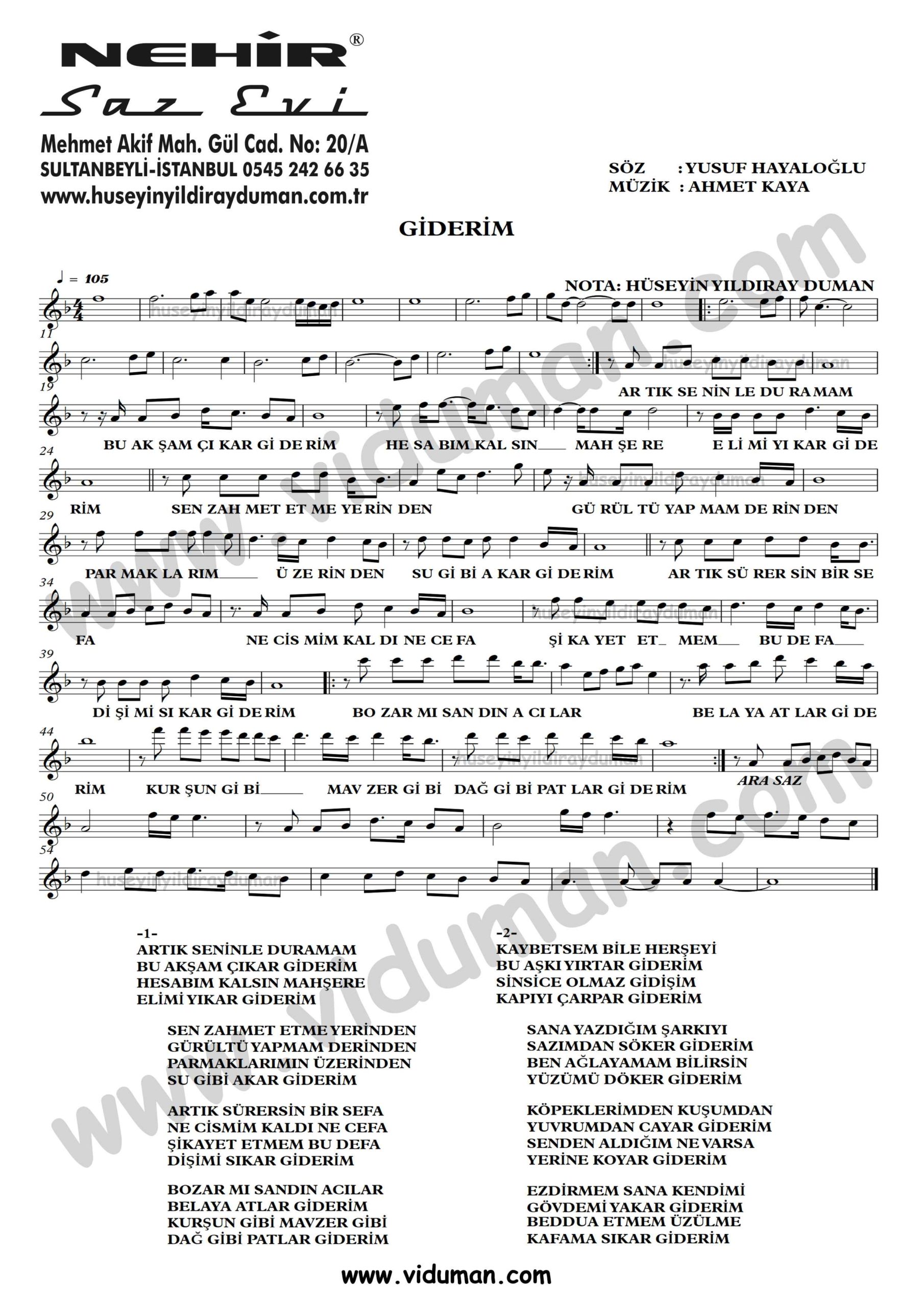 Giderim-Ahmet Kaya-Baglama-Saz-Turku-Notalari