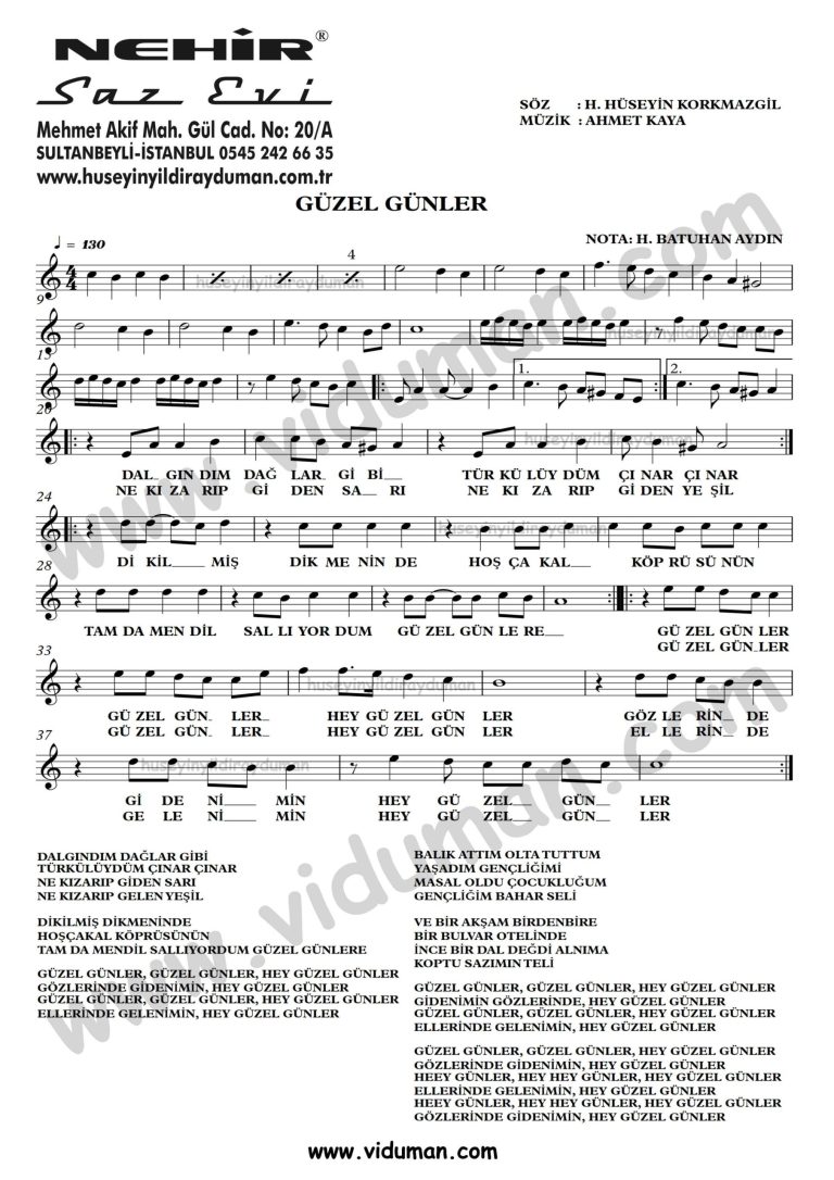 Guzel Gunler-Ahmet Kaya-Baglama-Saz-Turku-Notalari