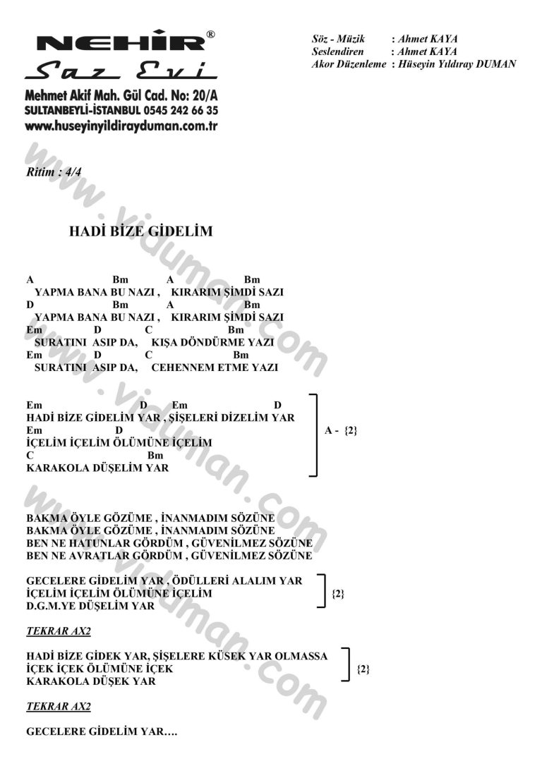 Hadi Bize Gidelim-Ahmet Kaya-Ritim-Gitar-Akorlari